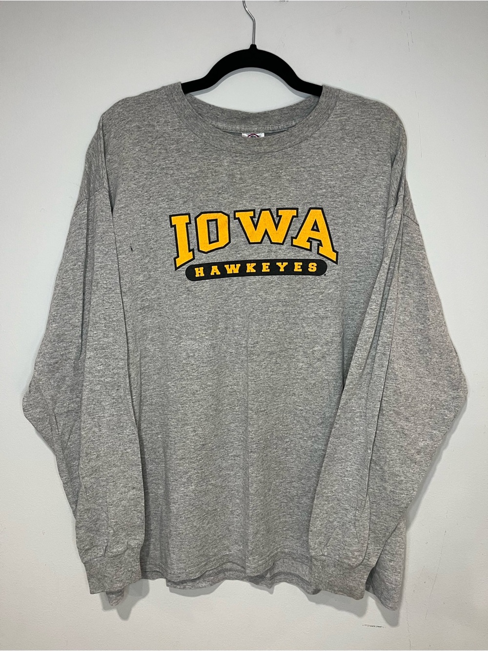 Delta Gray Long Sleeve IOWA Hawkeyes Crewneck Tee with Yellow Print